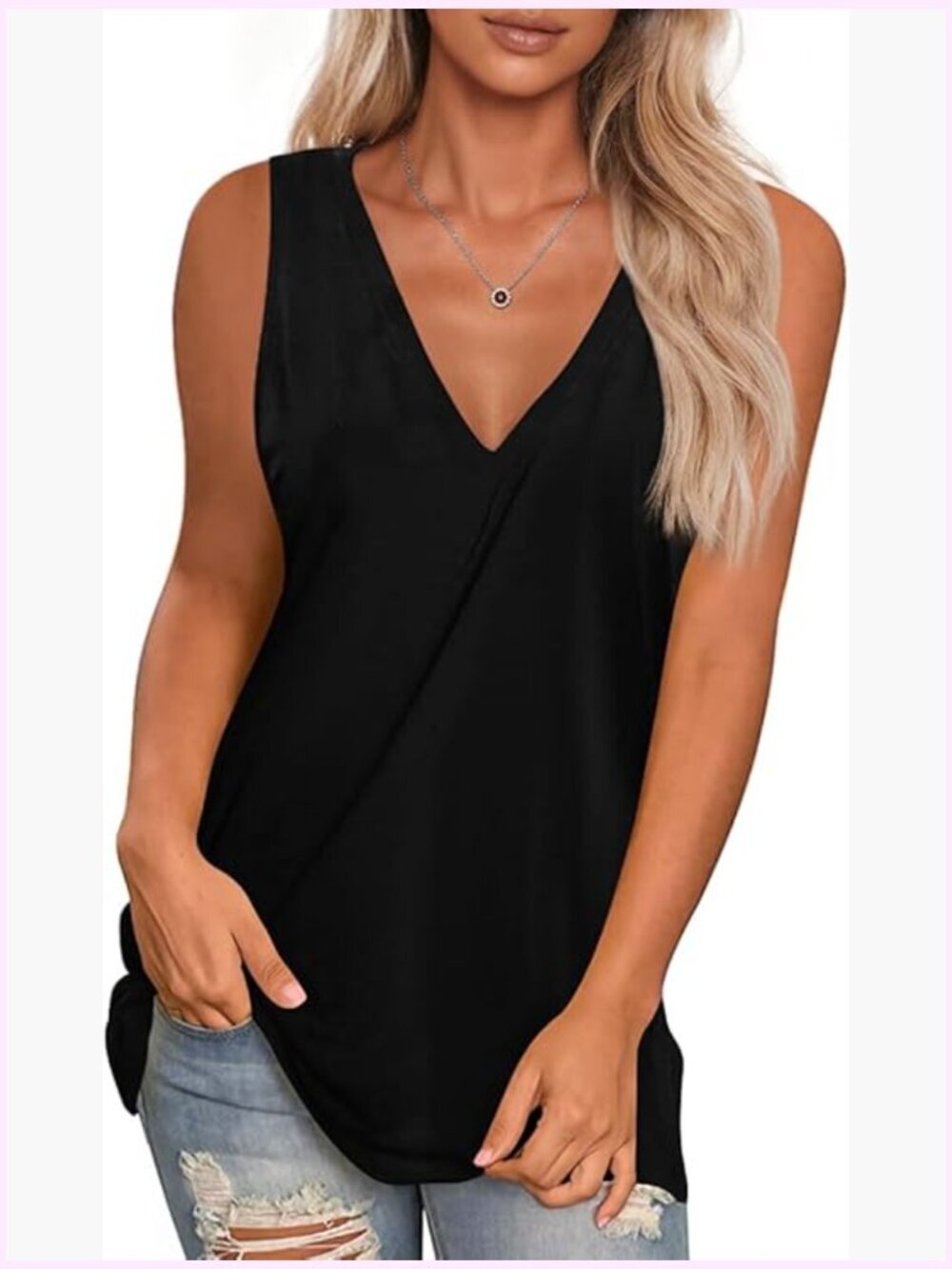 Slim-Fit V-Neck Sleeveless Tank Top with Side Split - Rayon Blend
